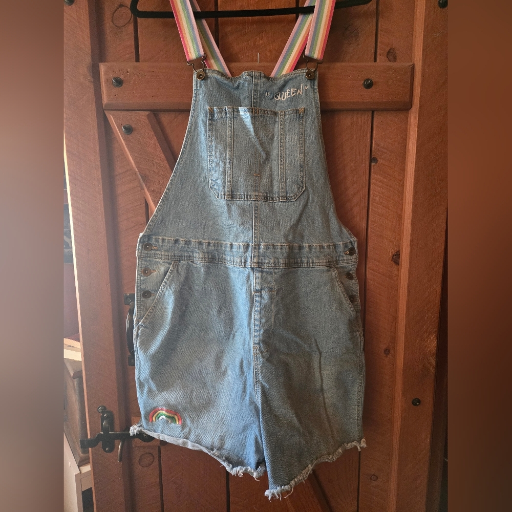 🌈 Rainbow Strap Cutoff Short Overalls | Women’s L 🌈